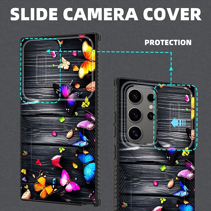 for Galaxy S25 Ultra Case Built in Slide Camera Lens Cover,Heavy Duty Shockproof Protection Dual Layer Case for Samsung Galaxy S25 Ultra 6.9" 2025,Colorful Butterflies on Wooden