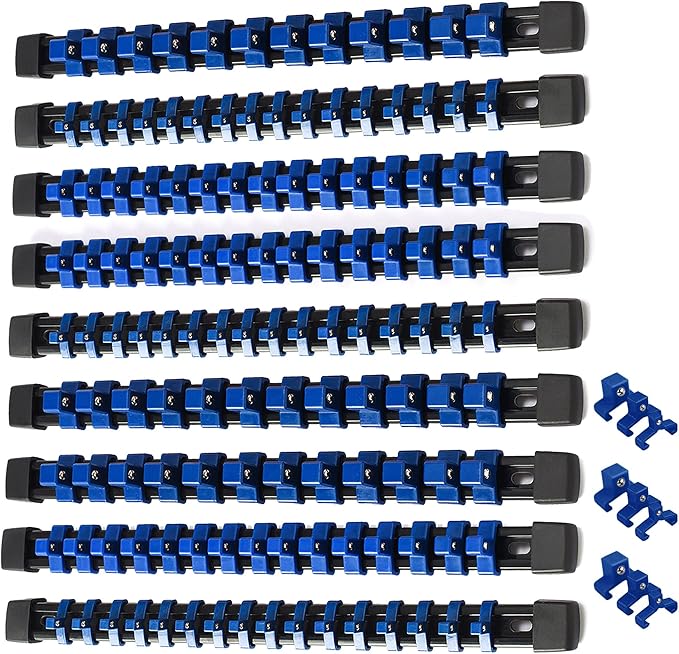 ALOANES 9PC ABS Socket Organizer, Socket Rails Fit 1/2 inch, 3/8 inch and 1/4 inch Drive, Heavy Duty Socket Holders Hold up to 129 Sockets, Black Rails with Blue Clips