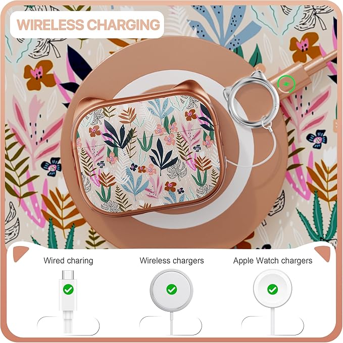 RFUNGUANGO AirPods Pro Case for Women Girly Cat Case with Lock, Phone Stand, Keychain & Cleaner Kit, Compatible with Apple Airpods Pro 2nd/1st Generation Case Cover, Rose Gold Leaf