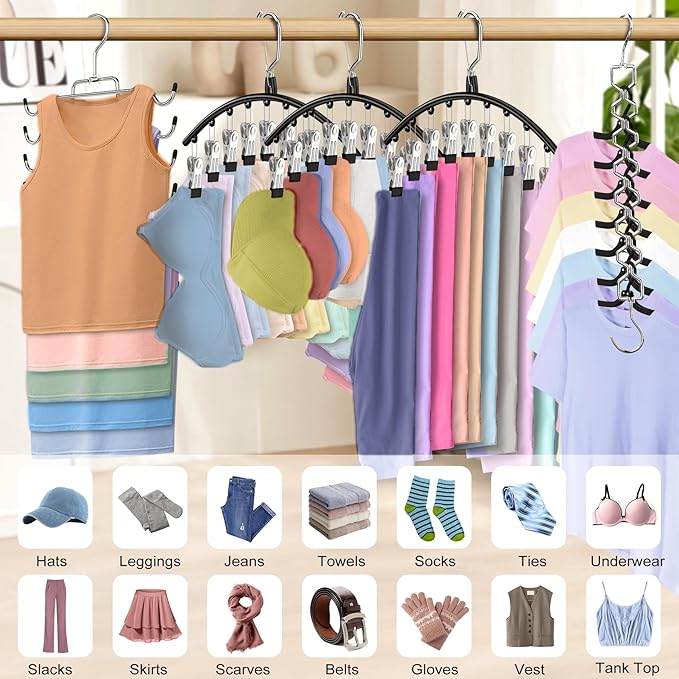 2 Pack Legging Hangers for Closet Organizer, 1 Pants Hangers with 10 Clips, 1 Pack Tank Top Hanger Space Saving Closet Organizers and Storage for Yoga Pants Skirt Bra Lingeries Dorm Essentials