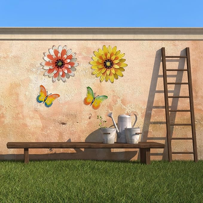 Meduofon Metal Flowers Outdoor Wall Decor, 4 Pack Metal Flower & Butterfly Wall Art Decor Outdoor or Indoor, Wall Sculptures for Deck Decor, Garden Fence, Yard, Patio, Porch, Bedroom, Living Room