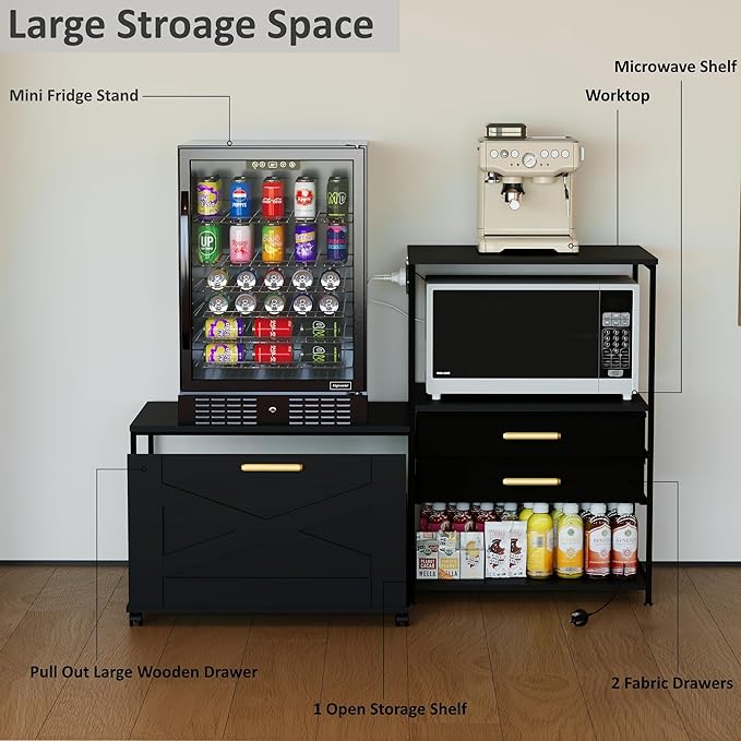 Mini Fridge Stand with Storage, Farmhouse Fridge Cabinet with Power Outlet & Movable Drawers, Microwave Oven Stand with Wheels, Kitchen Bakers Rack for Home Bar Office, Black