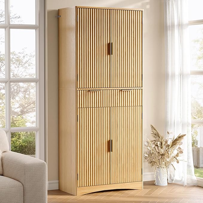 Marsail 72" Tall Kitchen Pantry Cabinet, Spacious Storage Cabinet with a Drawer, 4 Adjustable Shelves, 6 Door Shelves, Anti-Tip Safety, Fluted Cabinet for Kitchen, Dining, and Living Room, Natural