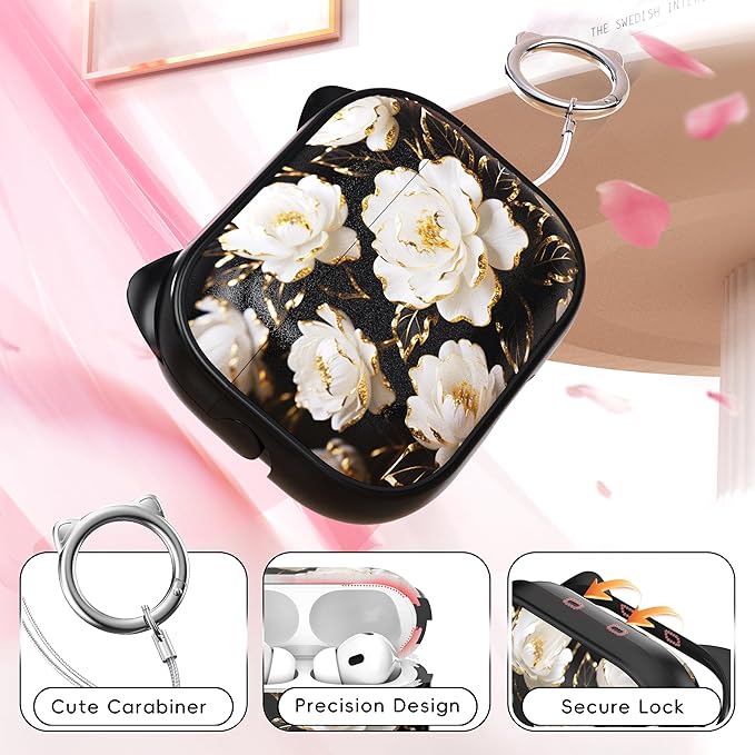 for AirPods Pro 2 Case with Cleaning Kit, Cute Cat Ear Print Design & Cute Buckle for Girls, Phone Holder & Top Safe Lock Buckle Design for AirPods Pro 2nd/1st Gen case, Black Peony
