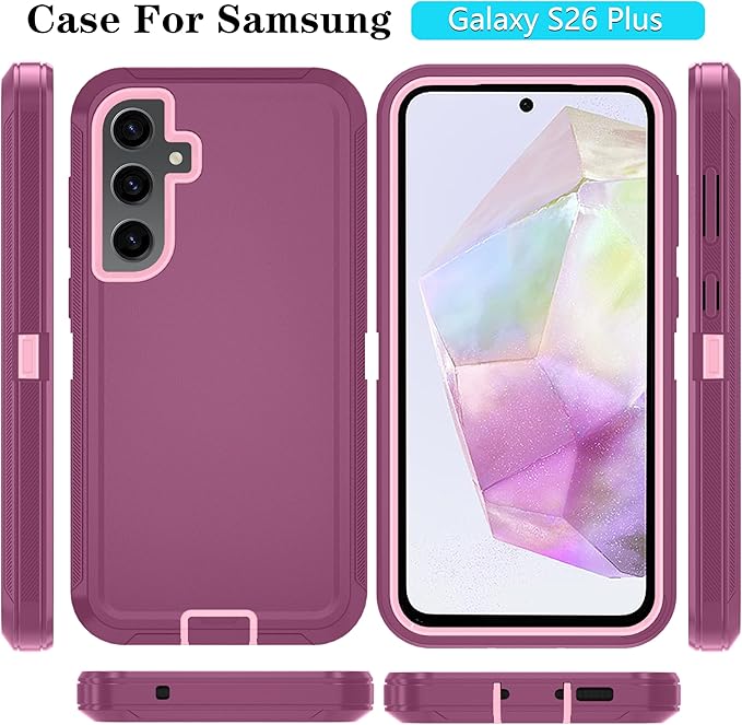 ONOLA Compatible with Samsung Galaxy S26+ / S26 Plus Case with HD Screen Protector [Not fit S26 / S26 Ultra], 3 in 1 Heavy Duty Phone Case for Galaxy S26 Plus 6.7",WineRedPink