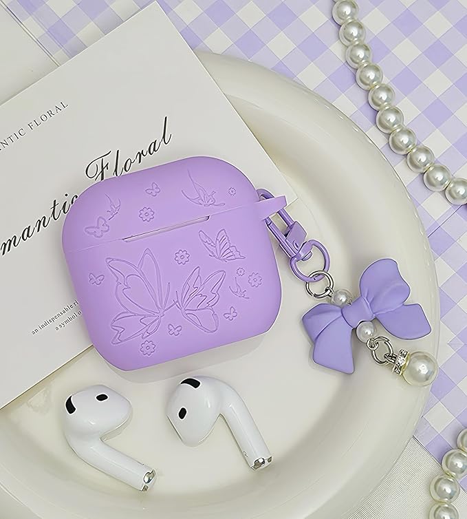 for Airpods 4 Case Cover with Bow Keychain, DamonLight Cute Flower Floral Engraved Silicone Protective Case Cover Compatible with Apple Airpods 4 Case 2024 for Women and Girls, Purple