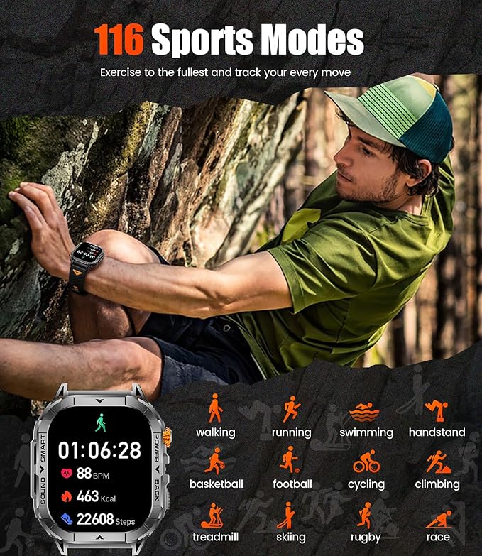 SUNKTA EF17 Military Smart Watch for Men, 2.13'' Amoled HD Display Fitness Tracker Watch with LED Flashlight, Pedometer/100+ Sport Modes/Sleep/5ATM Waterproof Smartwatch, iOS Android Smart Watches