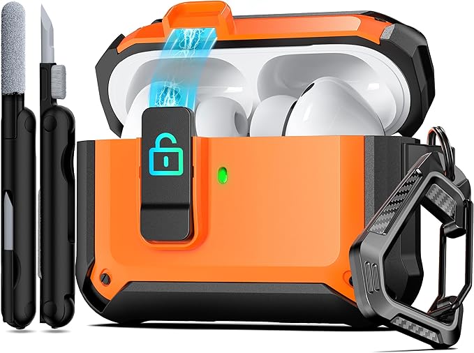 RFUNGUANGO AirPods Pro 3 Case (2025) with Safety Lock and Automatic Pop-up, Compatible with Airpods Pro 3rd Generation Case, Magnetic Lid, Compatible MagSafe, Hard Shockproof Protective Case, Orange