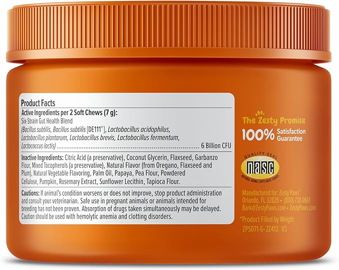Zesty Paws Probiotics for Dogs, Digestive Enzymes Gut Flora, Digestive Health, Diarrhea & Bowel Support, DE111, Dog Probiotics Soft Chew for Pet Immune System, Chicken, 50 Ct