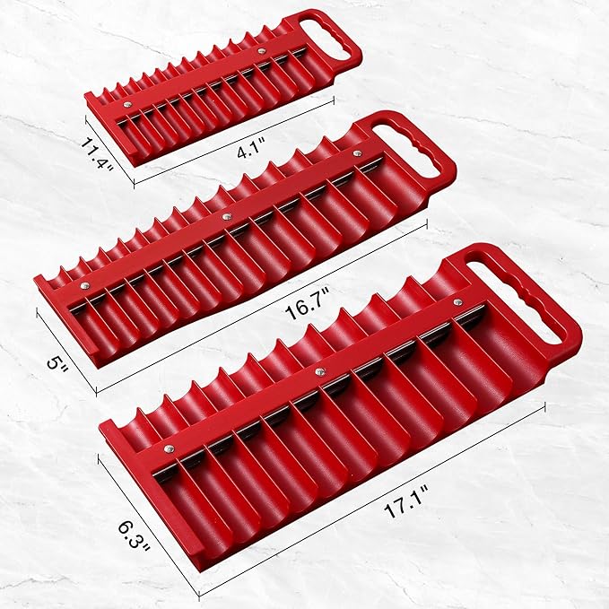 Magnetic Socket Organizer Set, 3 Pcs Red Portable Heavy Duty Socket Rail - Set: 1/4-Inch x 22 Pallets, 3/8-Inch x 28 Pallets, 1/2-Inch x 26 Pallets, Hold 76 Sockets - Fit Shallow&Deep Sockets
