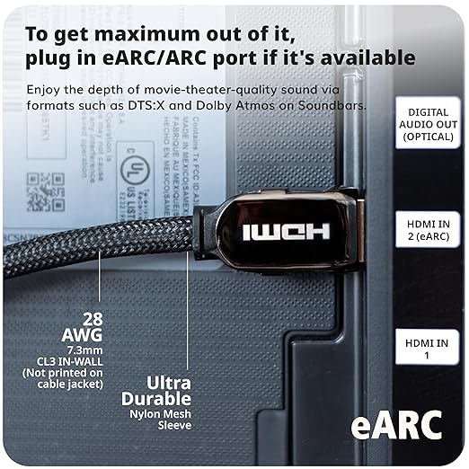 Pacroban HDMI Cable for Laptop to Monitor 3 Foot - Ultra High Speed Certified HDMI 2.1 Cord, Braided, eARC, 48Gbps, 8K 60Hz, 4K 120Hz/Fps DTS:X, HDR, HDCP, Hyperfast Black