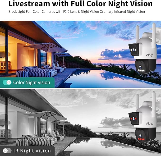 Alaga Outdoor Security Camera,Black Light Full Color Night Vision,F1.0 Dual Lens,AI Motion Detection,5G and 2.4G WiFi,Weatherproof,Two Way Audio,360° Detailed Coverage,Cloud and Local Storage