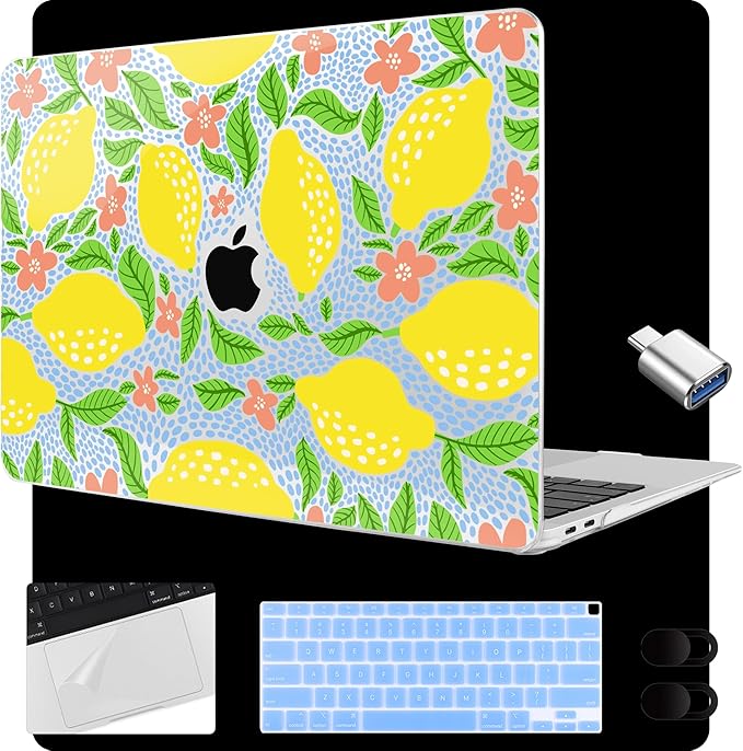 MEEgoodo for MacBook Air 13.3 inch Case 2021 2020 2019 2018 A2337 M1 A2179 A1932, Laptop Shell for MacBook Air M1 with Keyboard Webcam Cover & Trackpad Film & Type C Adapter,Lemon Fruit Pattern
