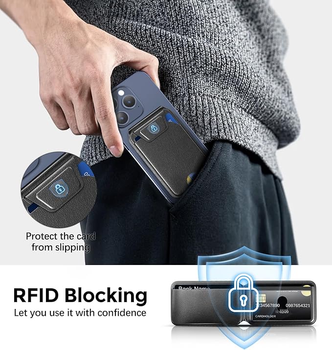 Upgraded Mag-Safe Wallet with Flap, 5 Card Holder, Magnetic Phone Wallet with Adjustable Stand, Slim for iPhone 17/16/15/14/13/12 Series, RFID Blocking, Leather - Black, Not for 13/12 Mini