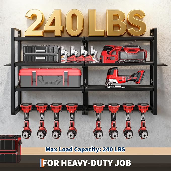 Power Tool Organizer, Drill Holder Wall Mount, Heavy Duty 4-Layer Drill Storage Shelf Loads 400Lbs, 8 Drill Holders and Drill Bit Rack, Utility Power Tool Storage for Garage Workbench
