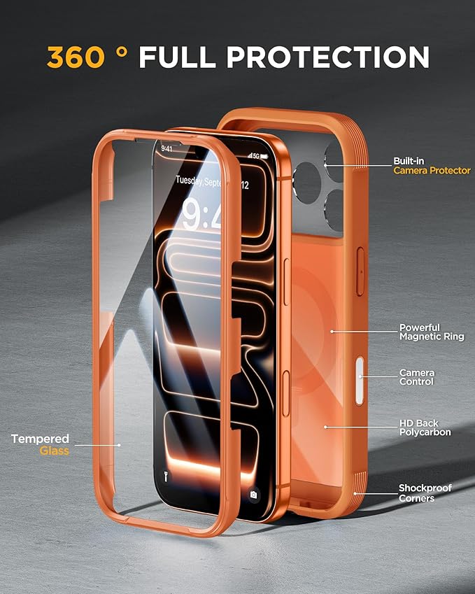 Miracase for iPhone 17 Pro Max Case with 360° Magnetic Ring Stand [Compatible with Magsafe] Full-Body Drop Proof Bumper Phone Case with Built-in 10H Tempered Glass Screen Protector,Orange