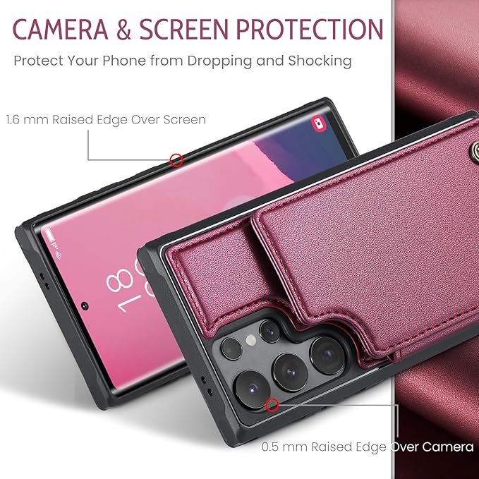 Bemal for Samsung Galaxy S24 Ultra Wallet Case with Card Holder, RFID Blocking, Shockproof Leather Kickstand for Men and Women, Durable Protective Phone Cover for 6.8", Wine Red