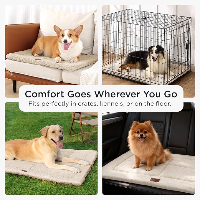 Reversible Dog Crate Pad Bed for Medium Small Dogs,Washable & Non-Slip Kennel Pet Mat, High Density Foam and Soft Fleece Cat Bed for Indoor & Outdoor Use, 29" x 21", Cream White