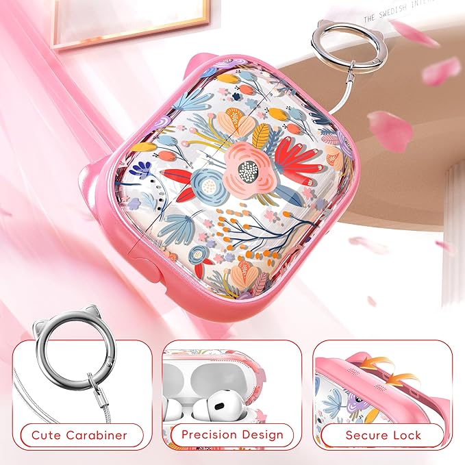 for AirPods Pro 2 Case with Cleaning Kit, Cute Cat Ear Print Design & Cute Buckle for Girls, Phone Holder & Top Safe Lock Buckle Design for AirPods Pro 2nd/1st Gen case, Clear Flowers