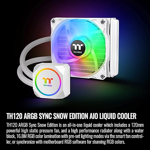 Thermaltake TH120 ARGB Motherboard Sync Snow Edition Intel LGA1700 Ready/AMD AM5 All-in-One Liquid Cooling System 120mm High Efficiency Radiator CPU Cooler CL-W346-PL12SW-A, White