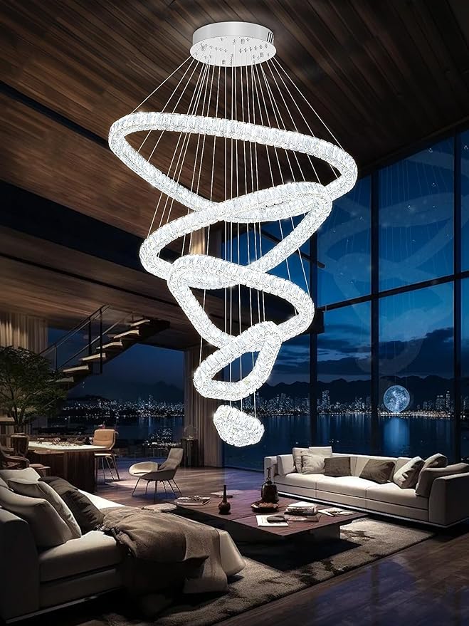 Flashing God H118 Modern Large Chandelier for Foyer 5 Rings Crystal Chandelier Stairway Chandeliers LED Dimmable Crystal Pendant Light for Living Room Entrance Hallway Sliver ﻿