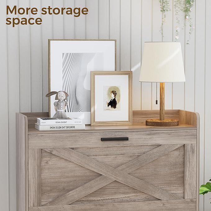 32" W Farmhouse Shoe Storage Cabinet with 2 Flip Drawers and Barn Door Design, Adjustable Shelves, Modern Hidden Slim Narrow Shoe Rack Cabinet for Entryway, Foyer, Hallway, Living Room,Greige