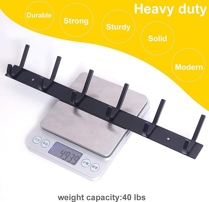 WEBI Coat Rack Wall Mounted,17-1/8 Inch Hooks for Hanging Coats,Heavy Duty Metal Hook Rail with 6 Double Dual Hooks Hanger Wall Mount for Purse Clothes Jacket Backpack Entryway,Black