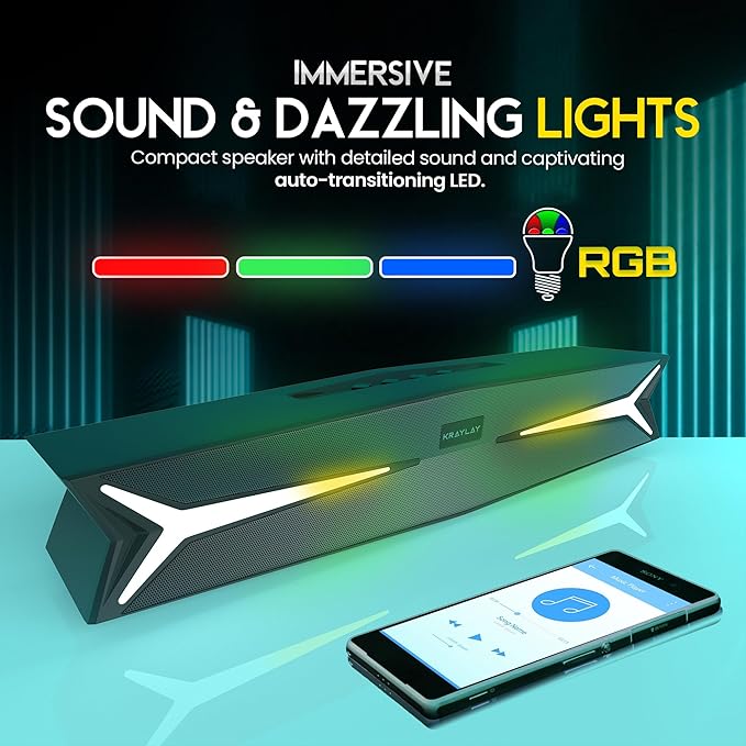 Desktop Soundbar for Computer 15.5 Inches | Bluetooth Soundbar with RGB LED Lights | Clear Bass | AUX, USB, USB-C | Soundbar for Projectors, TVs, Smartphones, Gaming Consoles, & Laptop