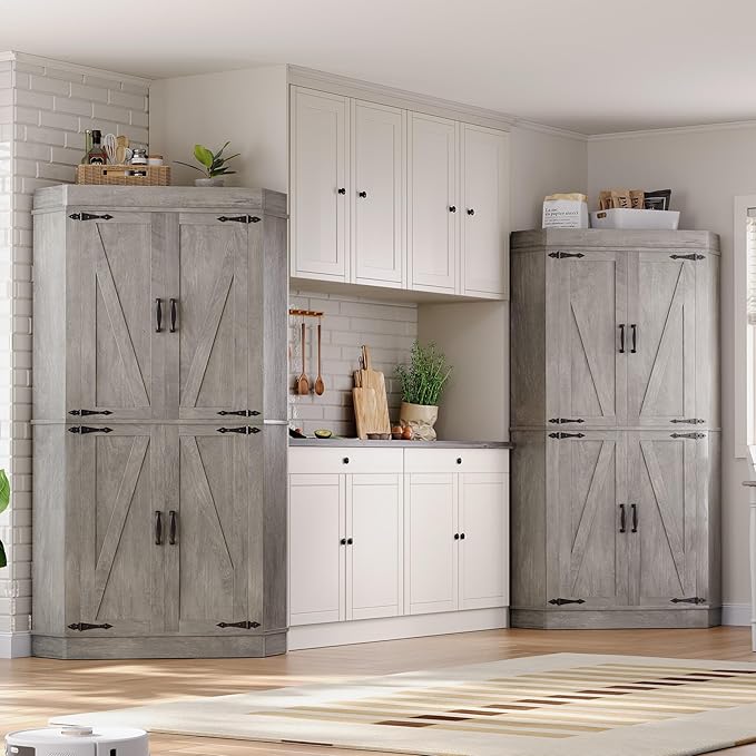 Corner Kitchen Pantry Storage Cabinet with Doors, Kitchen Hutch, 71'' Tall Food Storage Cabinet Furniture for Living Room, Dining Room (Grey)
