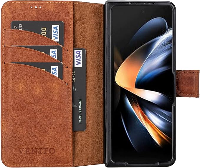 Venito Trieste for Galaxy Z Fold 5 Case Handmade, Ultimate Protection with Full Grain Leather, Premium Phone Wallet Case for Galaxy Z Fold 5, Antique Brown