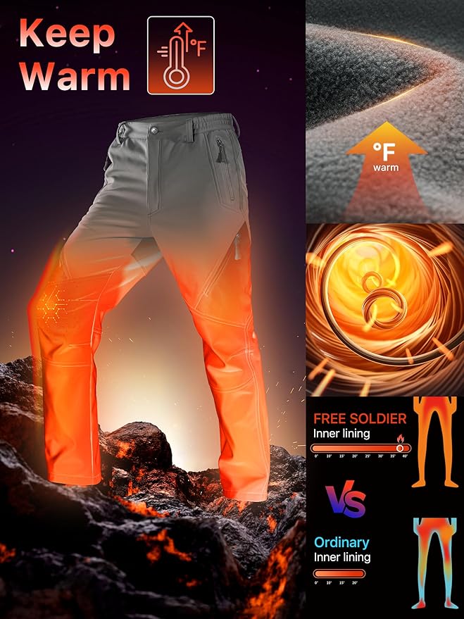 FREE SOLDIER Men's Fleece Lined Outdoor Cargo Hiking Pants Water Repellent Softshell Snow Ski Pants with Zipper Pockets