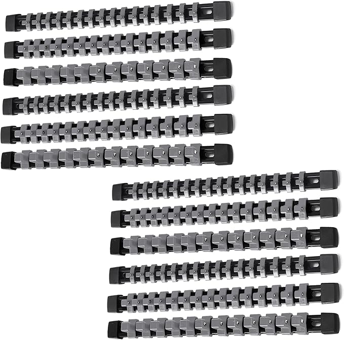 ALOANES 12PC ABS Socket Organizer, Socket Rails Fit 1/2 inch, 3/8 inch and 1/4 inch Drive, Heavy Duty Socket Holders Hold up to 172 Sockets, Black Rails with Grey Clips