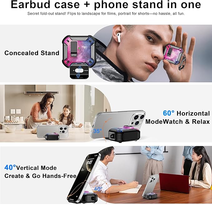 RFUNGUANGO Compatible AirPods 4th Generation Protective Case with Phone Holder and Compatible Back Magnetic Suction Function, Suitable for AirPods 4th Case-Black+Starry Sky