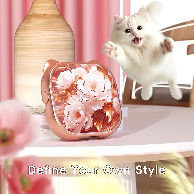 for AirPods 4 Case with Cleaning Kit, Cute Cat Ear Print Design & Cute Buckle, Inverted Phone Holder Design, Top Safe Lock Buckle Design, for Girls AirPods 4 case 2024, Rose Gold Peony
