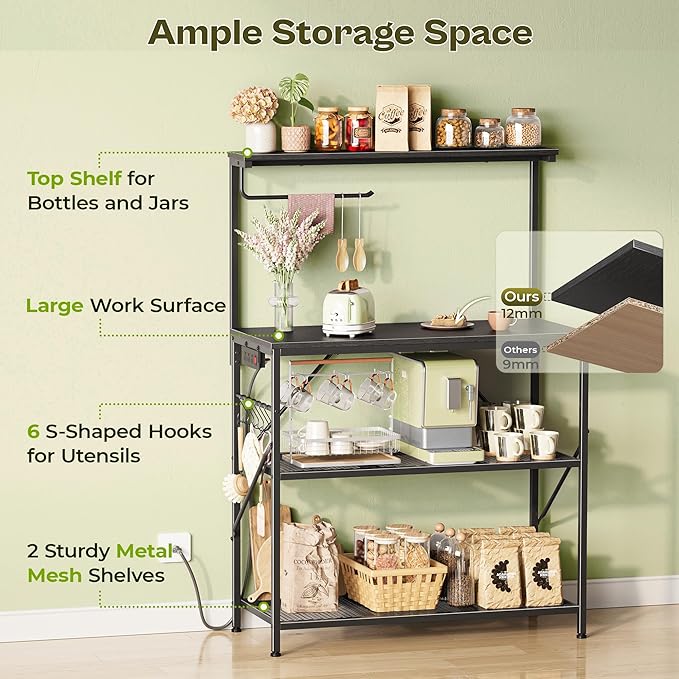 Huuger 4-Tier Bakers Rack with Reversible Power Outlet, 31.5 Inch Microwave Stand with Paper Towel Holder, Kitchen Bar, Larger Storage with Top Shelf, 6 S Hooks, Black