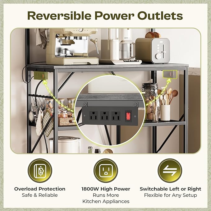 Huuger 4-Tier Bakers Rack with Reversible Power Outlet, 31.5 Inch Microwave Stand with Paper Towel Holder, Kitchen Bar, Larger Storage with Top Shelf, 6 S Hooks, Grey