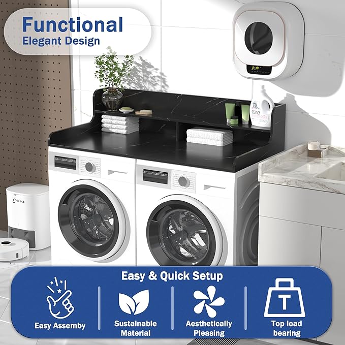 Washer Dryer Countertop with 2-Tier Shelf Universal Fit, Laundry Countertop Over Washer Dryer, Washer Dryer Countertop, Wood Laundry Countertop, 27.5" Depth x 54" Width, Universal Fit Design
