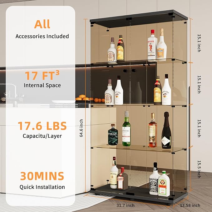 LFT HUIMEI2Y 4-Shelf Brown Glass Display Cabinet with Double Doors, Curio Cabinets Tempered Glass Floor Standing Bookshelf for Bedroom, Kitchen, Living Room 64”x 17”x 14.5” Black