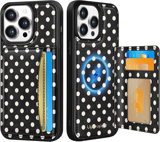 for iPhone 12 Pro Max Case with Wallet - Fits 4 Card Slots, Compatible with MagSafe for Women Aesthetic PU Leather Credit Card Holder Kickstand Phone Cover for Apple 12 Promax, Black Polka