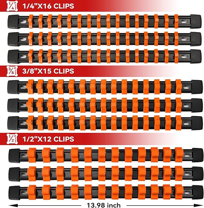 ALOANES 9PC ABS Socket Organizer, Socket Rails Fit 1/2 inch, 3/8 inch and 1/4 inch Drive, Heavy Duty Socket Holders Hold up to 129 Sockets, Black Rails with Orange Clips