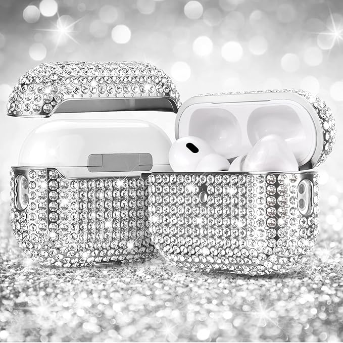 Case for AirPods Pro 2nd Generation, Filoto Cute AirPod Pro 2 Protective Case Cover for Women Girls, Bling Crystal PC Apple Air Pods Pro Cases Accessories with Lobster Clasp Keychain, Silver