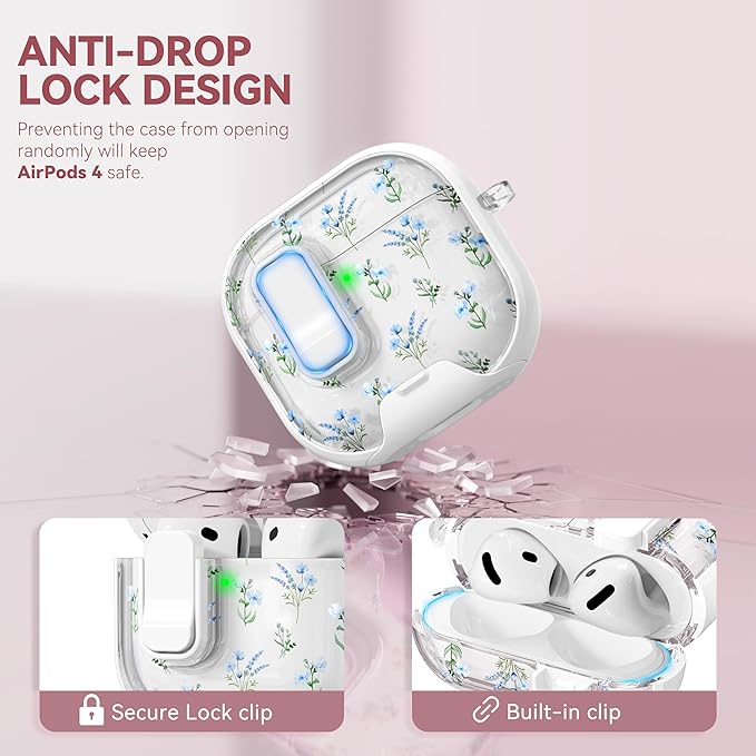 with Safety Lock for Apple AirPods 4 Case,Clear Floral Cute AirPod 4th Generation Case with Phone Stand & Cleaning Kit for Women Girly-Blue Narcissus