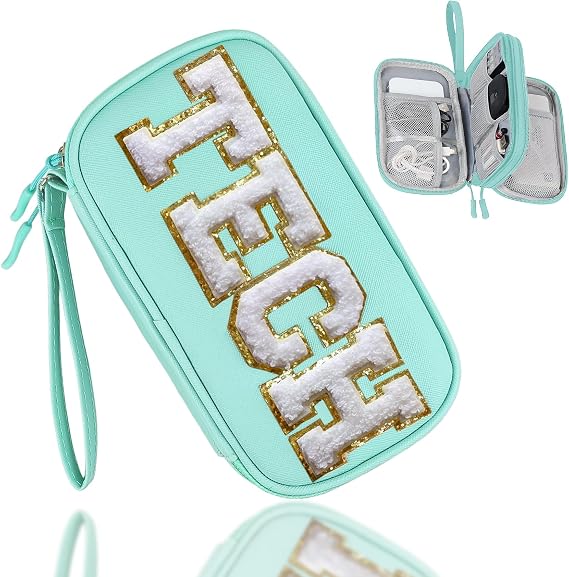 COSHAYSOO Electronics Organizer Bag Travel with Chenille Letter Patch Traveling Must Have Accessories Cute Personalized Gift for Women Cable Cord Charger Storage Pouch (Teal Blue)