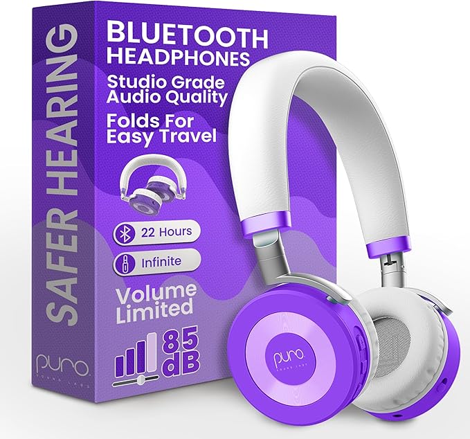 Puro Sound Labs JuniorJam Plus Volume-Limiting Wireless Bluetooth Headphones for Kids, Secure Audio with Adjustable On-Ear Design, 22-Hour Battery Life, Ideal for Tablets, Smartphones & PCs - Purple