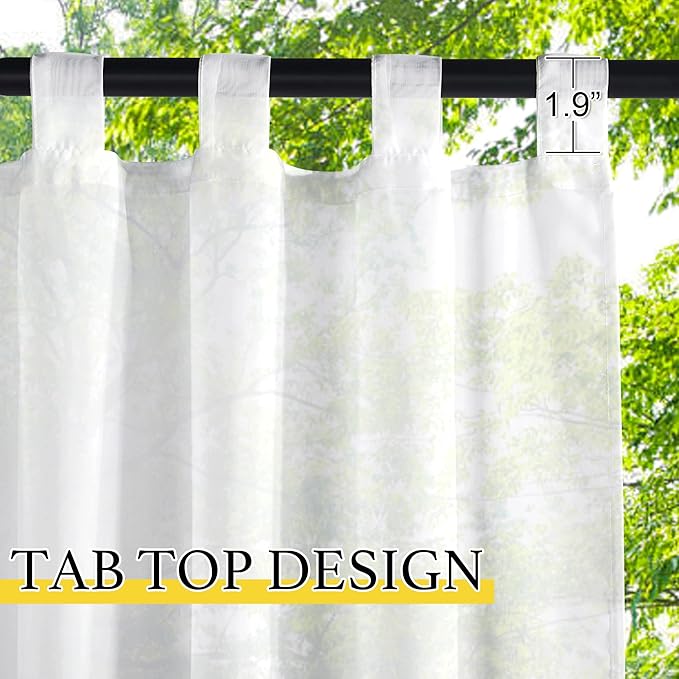 NICETOWN 2 Panels Outdoor Curtains for Patio, 100 inch Wide Lightweight Tab Top Waterproof Soft Voile Sheer Drapes Airy with Light Filtering Quick Dry for Pergola, Sliding Door, W100 x L108, White