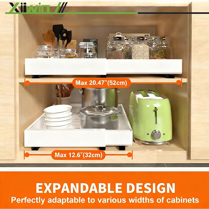 Pull out Cabinet Organizer 21" Depth (12.6-20.5 inch Width) Slide Roll Out Drawers Expandable Adjustable Shelves for Kitchen Bathroom Pantry Adhesive Nano Film 3 Slide Rails White, 2pcs