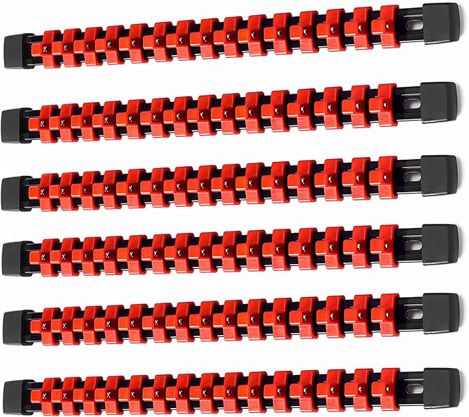 ALOANES 6PC ABS Socket Organizer, Socket Rails Fit 3/8 inch Drive, Heavy Duty Socket Holders Hold up to 90 Sockets, Black Rails with Red Clips