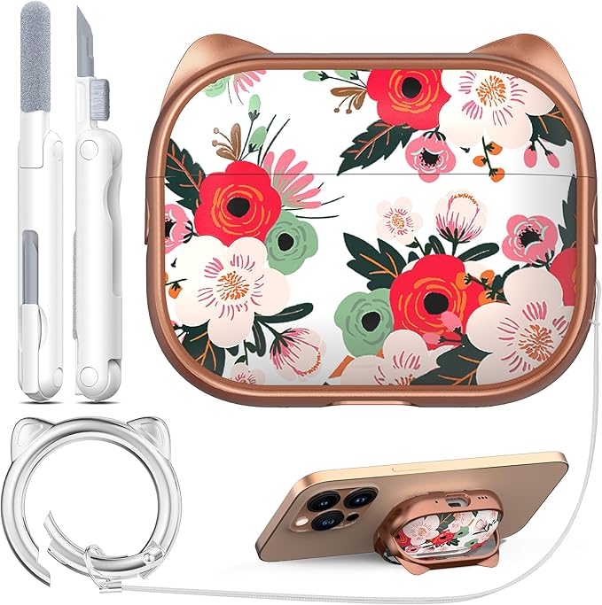 RFUNGUANGO AirPods Pro Case for Women Girly Cat Case with Lock, Phone Stand, Keychain & Cleaner Kit, Compatible with Apple Airpods Pro 2nd/1st Generation Case Cover, Rose Gold Flower