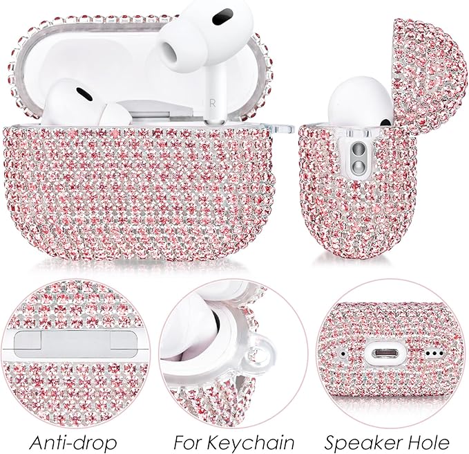 VISOOM Bling Case for Airpods Pro 2nd 1st Generation Case - Jewelry Cute Airpods Pro 1 2 Case Cover with Glitter Keychain Women Crystal Fancy Cases for iPods pro2 1 Wireless Charging Cases-Pink