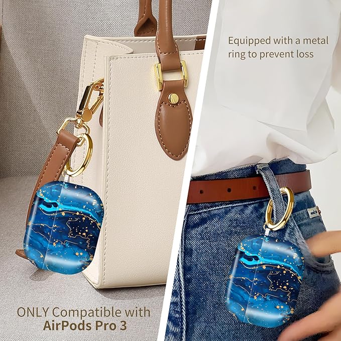 Compatible with AirPods Pro 3 (2025) Case, Airpod Pro 3 Protective Cover with Cute Golden Keychain for Girls & Women (Cute Blue Flower)